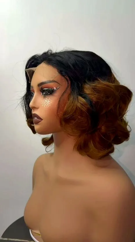 Revamped honey ombré bob wig styled into loose waves