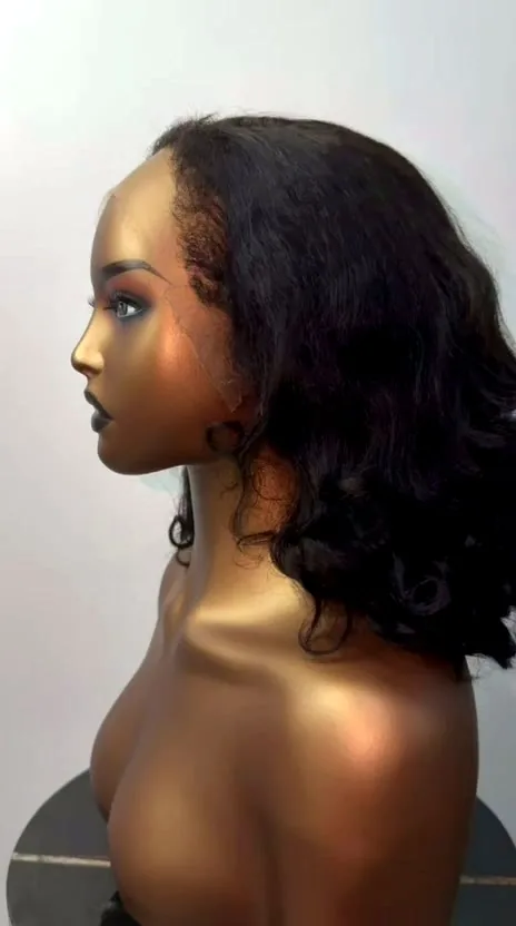 Natural wavy Indian bob unit styled by B-Hairline, side view with visible lace hairline